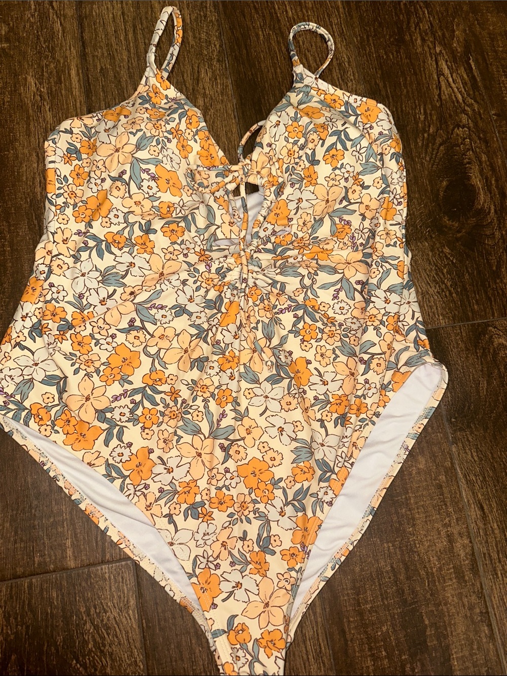 Floral Tie-Front One-Piece Swimsuit Cream Orange Size xLarge - Picture 1 of 3